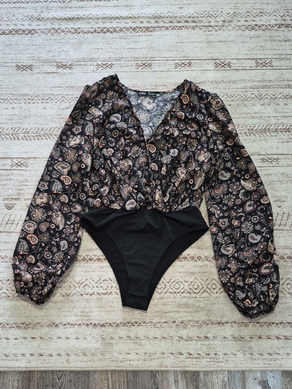 SHEIN Black Paisley Wrap Long-Sleeve Bodysuit
